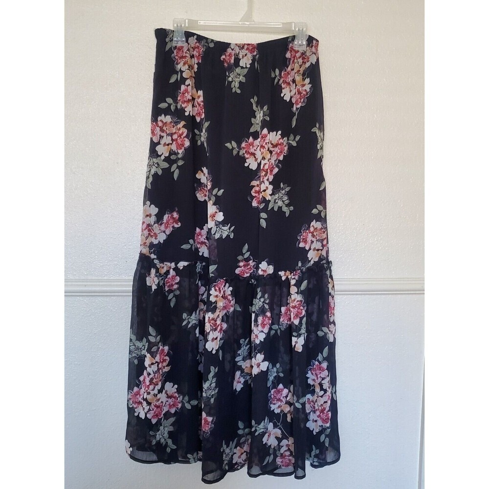 Bobeau Long‎ Skirt Black Floral Lined Elastic Waist Womens Size XL See Through
